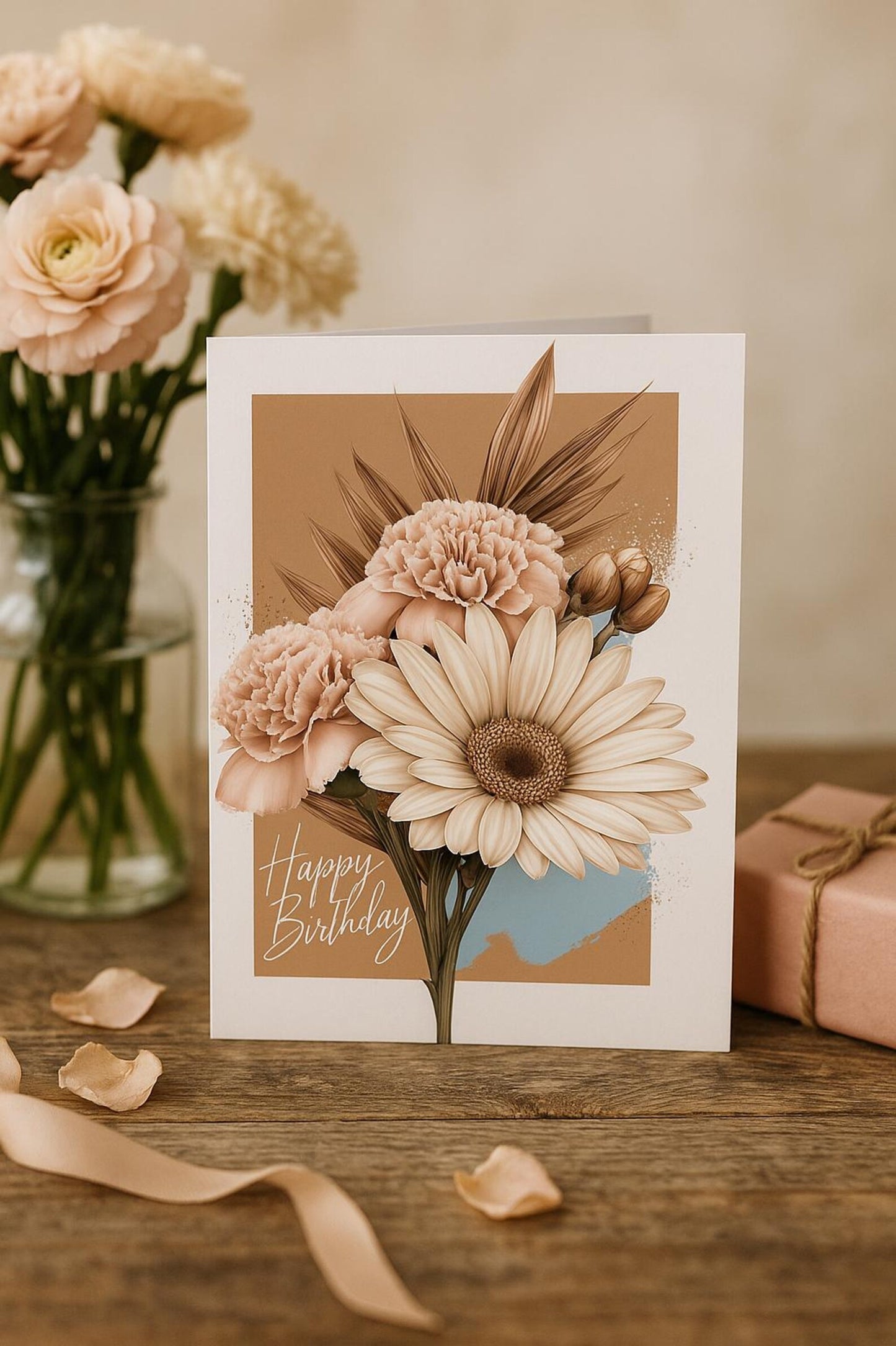 Elegant Floral Happy Birthday Greeting Card – Soft Peach & Beige Botanical Design