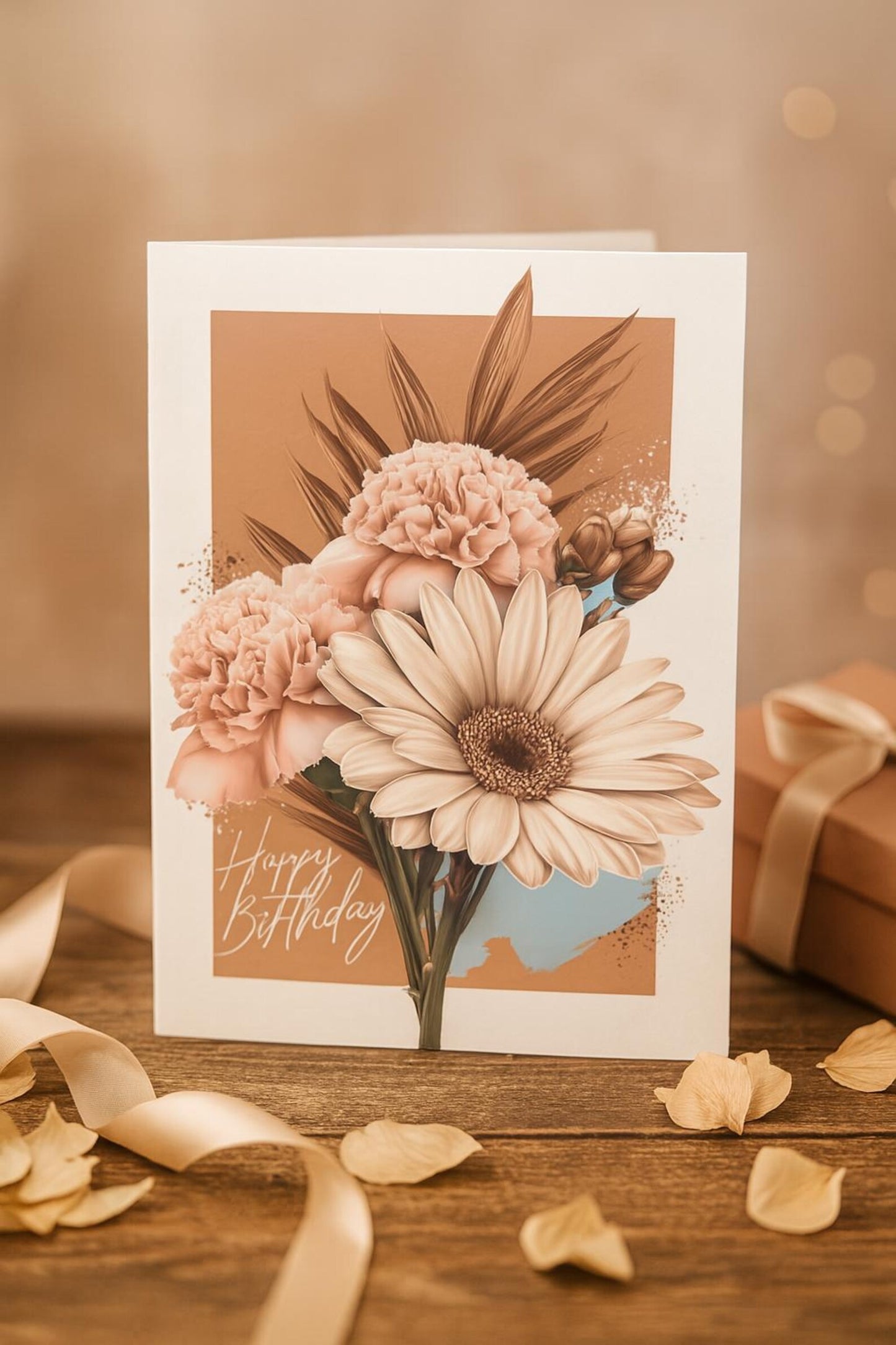 Elegant Floral Happy Birthday Greeting Card – Soft Peach & Beige Botanical Design