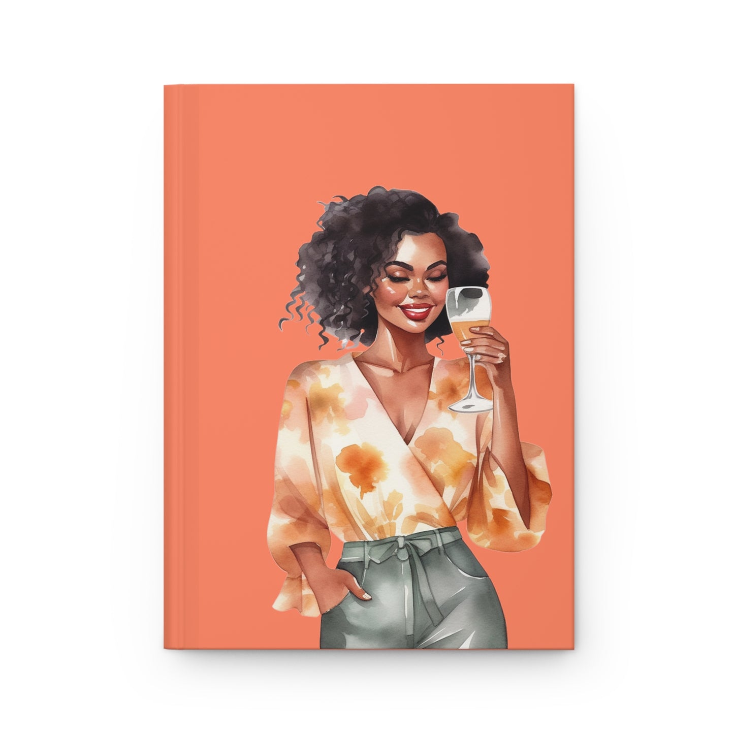 Hardcover Journal Matte | Melanin Woman Drinking Wine Journal - Blank Inside | Woman Drinking Wine Journal