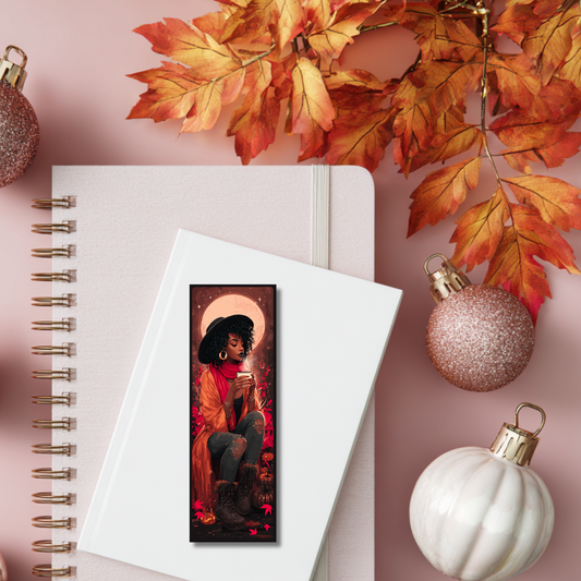 Witch Aesthetic Autumn Vibes Bookmark – Cozy Black Woman with Coffee & Moon