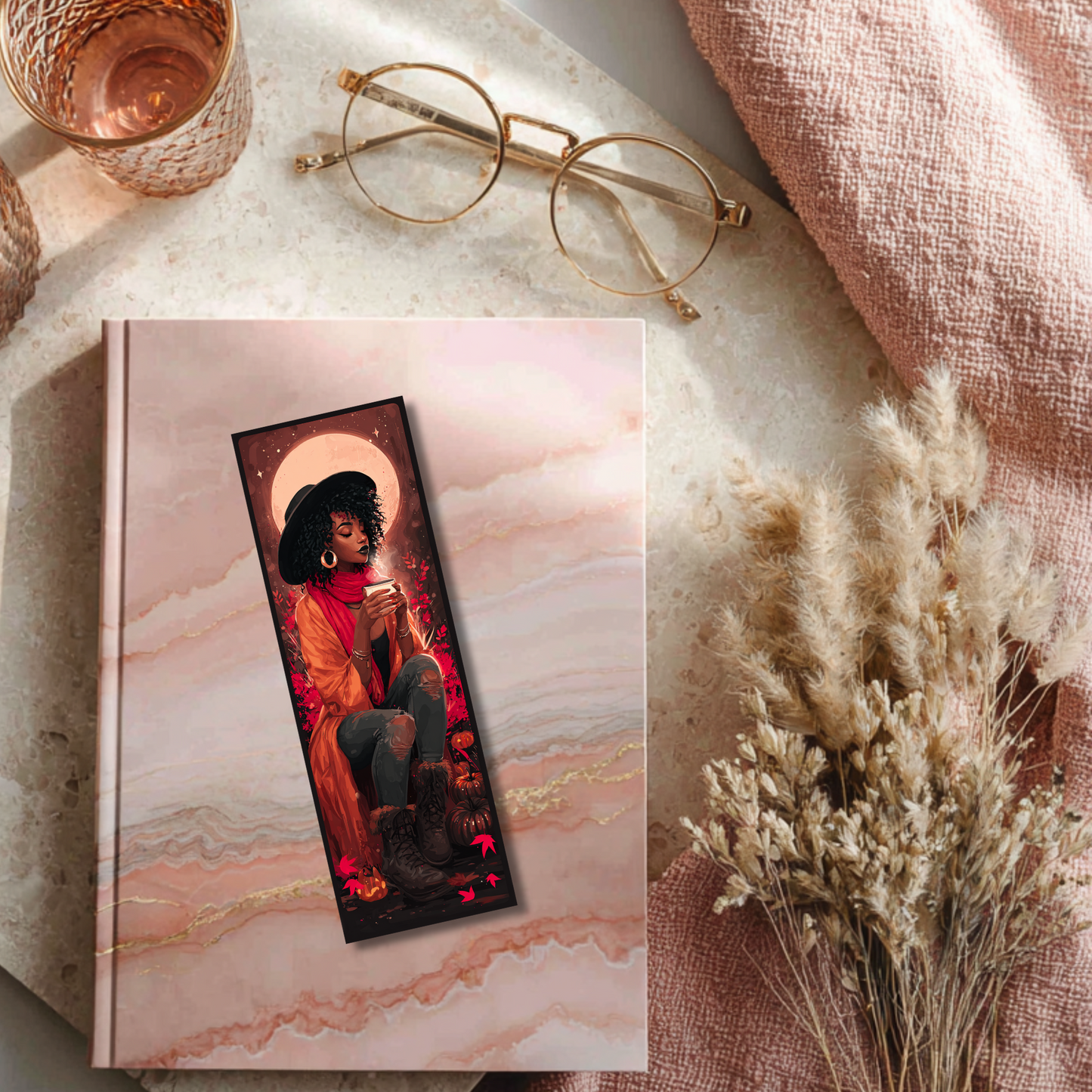 Witch Aesthetic Autumn Vibes Bookmark – Cozy Black Woman with Coffee & Moon