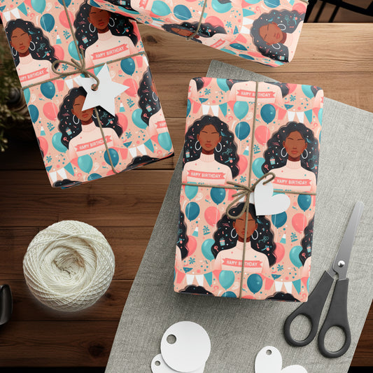 African American Woman Wrapping Papers, Black Girl Gift Wrap, Birthday Wrapping Paper, Happy Birthday Gift Wrap, Gift for Her