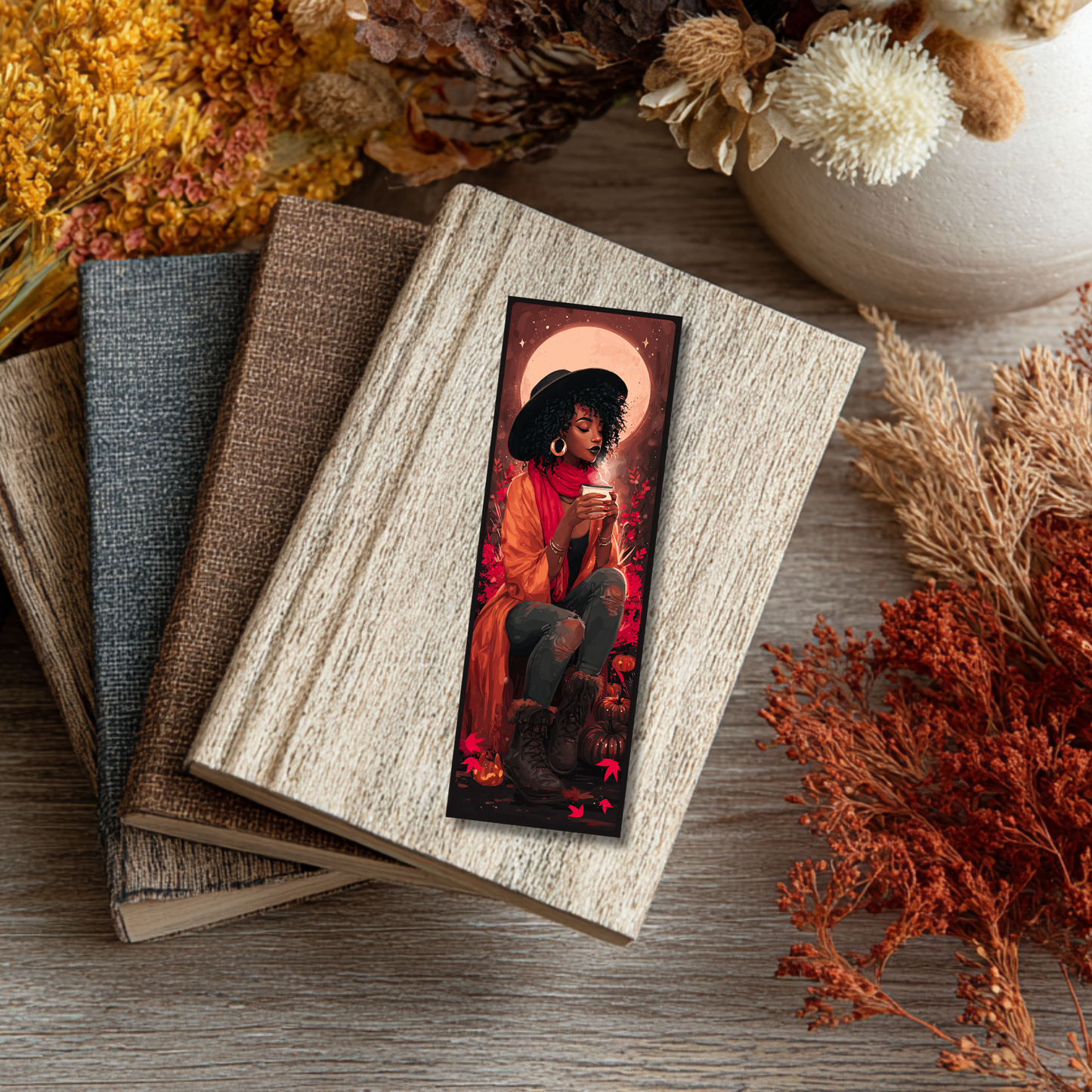 Witch Aesthetic Autumn Vibes Bookmark – Cozy Black Woman with Coffee & Moon