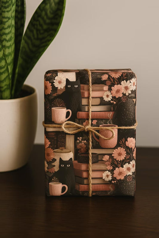 Bookish Cat Wrapping Paper | Black Cat & Coffee