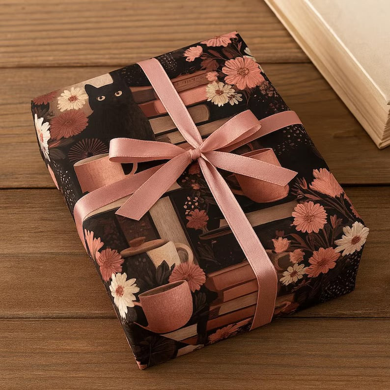 Bookish Cat Wrapping Paper | Black Cat & Coffee