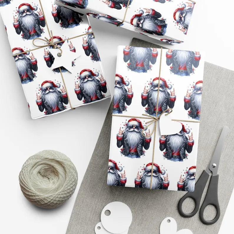 Santa Rock On Rock and Roll Wrapping Paper, Christmas Gift Wrap, Holiday Packaging, Festive Present Decoration, Music Theme Gift Wrap