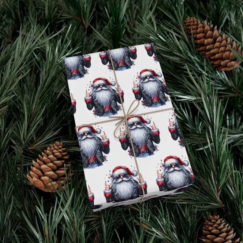 Santa Rock On Rock and Roll Wrapping Paper, Christmas Gift Wrap, Holiday Packaging, Festive Present Decoration, Music Theme Gift Wrap