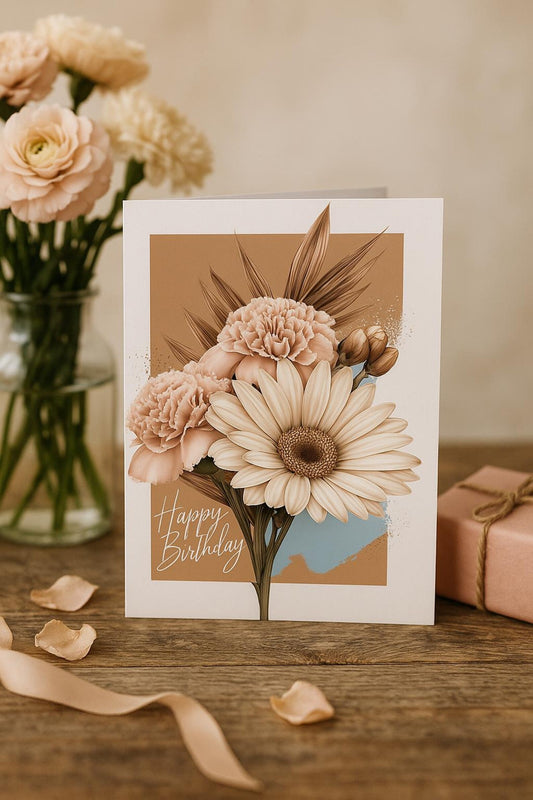 Elegant Floral Happy Birthday Greeting Card – Soft Peach & Beige Botanical Design