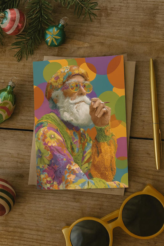 Groovy Santa Christmas Card – Retro Floral Hippie Christmas